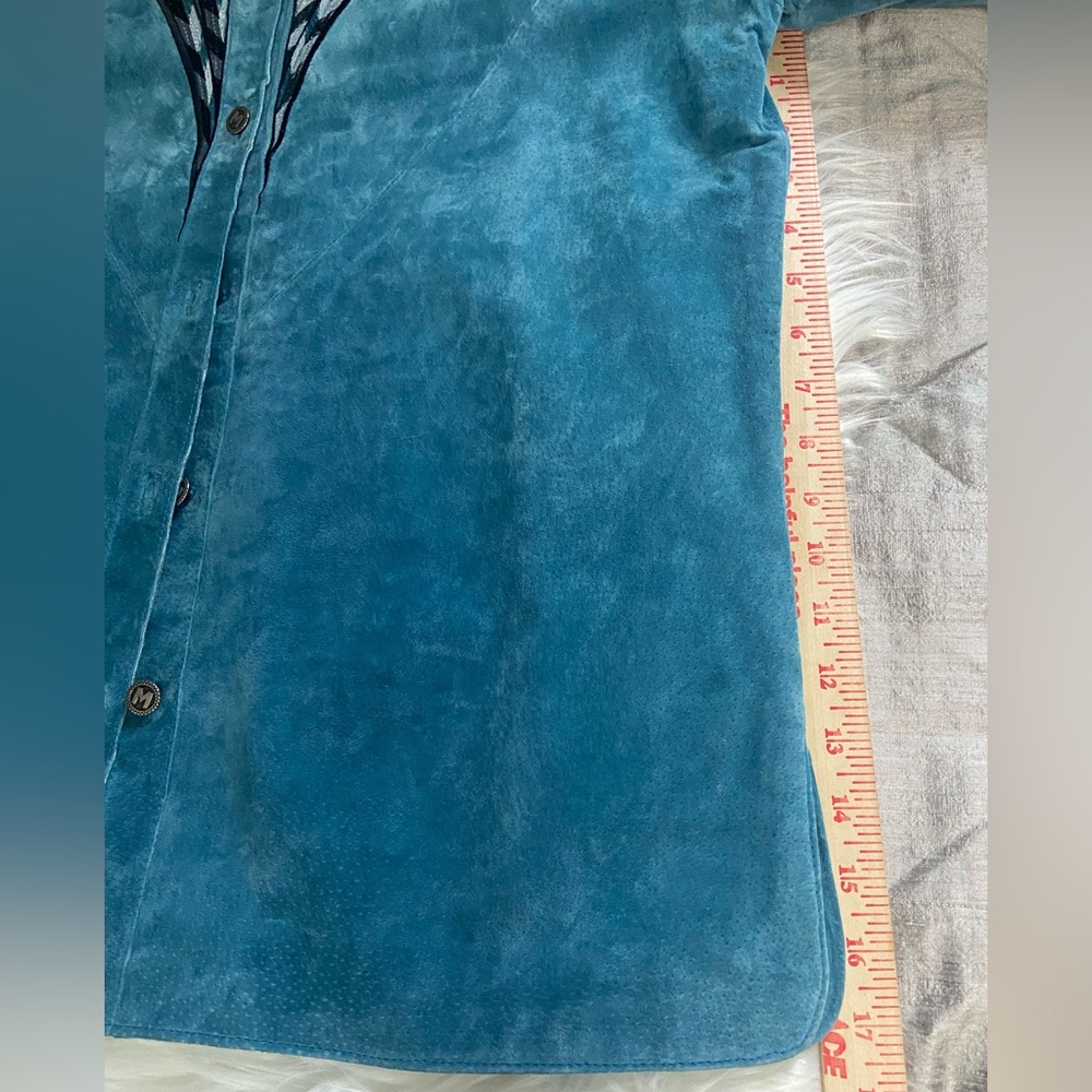 Bob Mackie Wearable Art Sz M Teal Suede Leather Women's Blazer - Picture 10 of 11